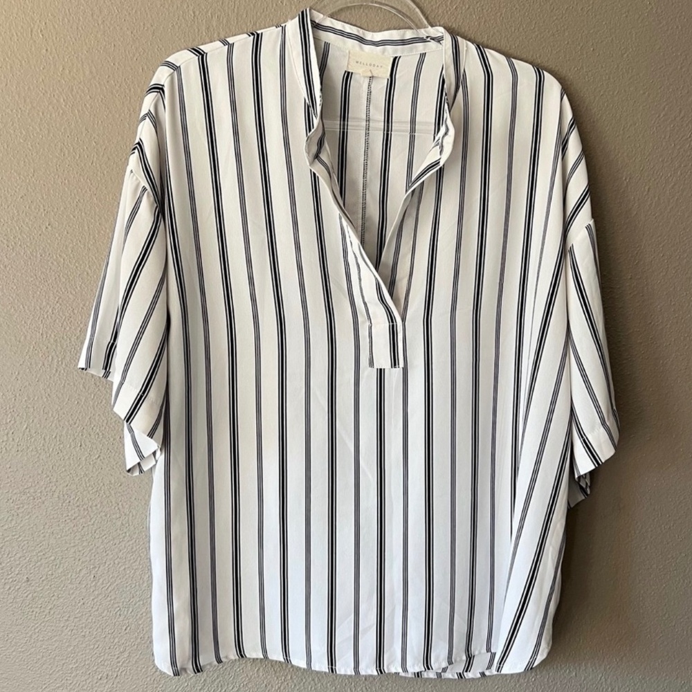 Melloday Striped Chic Career Office Short Sleeve Semi-Sheer V-Neck Blouse L
